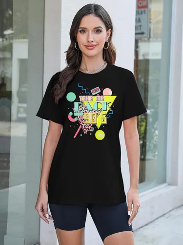 Vista 2 de Traje de los años 80 para mujer, camisetas con texto en inglés "I Love The 80", trajes de fiesta temática de los años 80, camisetas casuales