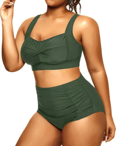 Vista 4 de Daci Bikini de cintura alta para mujer, traje de baño de dos piezas con control de abdomen, parte delantera torcida, retro, con parte inferior