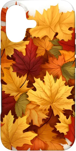 Vista 32 de Carcasa para iPhone 16 con texto en inglés "Fall Foliage Gathering of Autumn Leaves