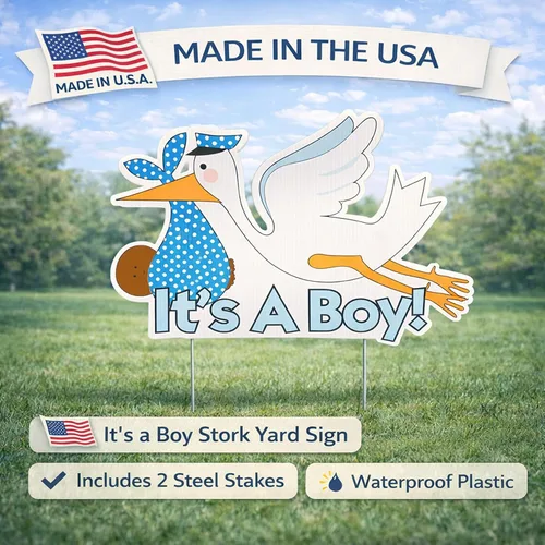 Vista 3 de VictoryStore Cartel de "It's a Boy Stork Yard" (bebé tonificado piel oscura)