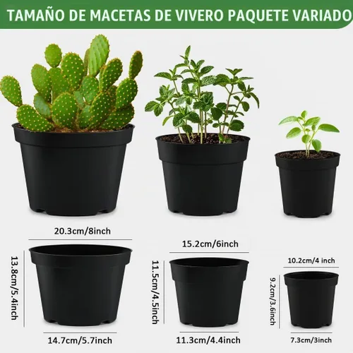 Vista 3 de Macetas de plástico negro RooTrimmer de 4/6/8 pulgadas, paquete de 15, plástico engrosado con agujeros de drenaje, para interior/exterior