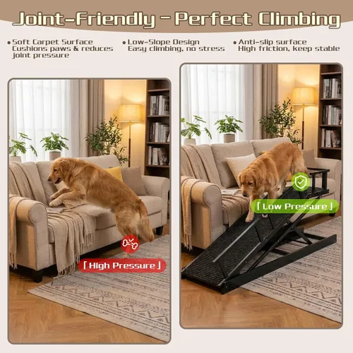 Vista 7 de Rampa plegable para perros de 65 pulgadas para cama, altura ajustable de 6 niveles (13-32.1 pulgadas) con plataforma de descanso, superficie