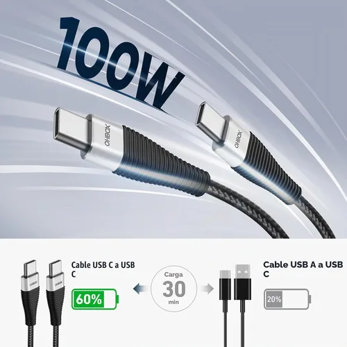 Vista 2 de Cable USB C a USB C, paquete de 3 cables de carga rápida de 100 W de 6 pies Negro