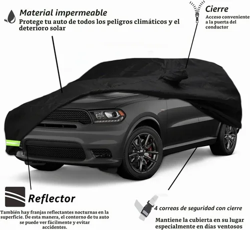 Vista 2 de Funda impermeable de automóvil para Dodge Durango 2011-2026, funda 190T, ajuste personalizado, correa 100% impermeable a prueba de viento y Negro