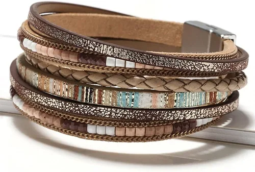 Vista 2 de Fesciory - Pulseras envolventes de cuero para mujer, brazalete de cuentas de cristal de leopardo, bohemia, multicapa