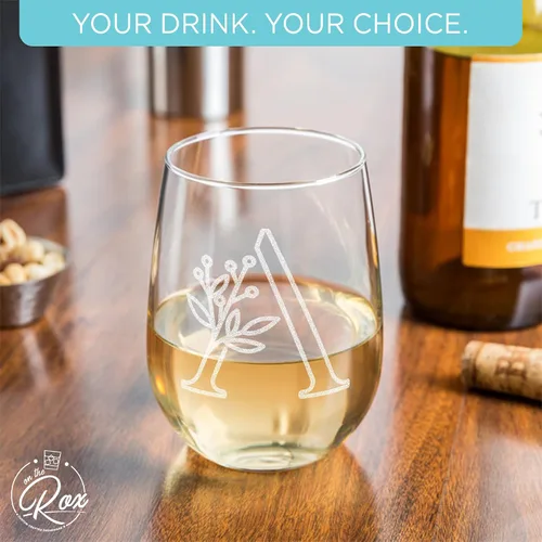 Vista 4 de On The Rox Drinks Regalos con monograma para mujeres y hombres – Letra A-Z inicial grabada monograma sin tallo, copa de vino – Regalos de vino