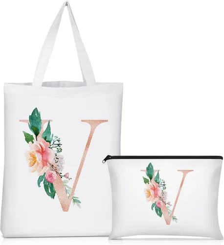 Vista 12 de Sanwuta 2 bolsas de lona con inicial, diseño floral con letras florales, bolsas de cosméticos de viaje, bolsas con monograma para mujer, mujer