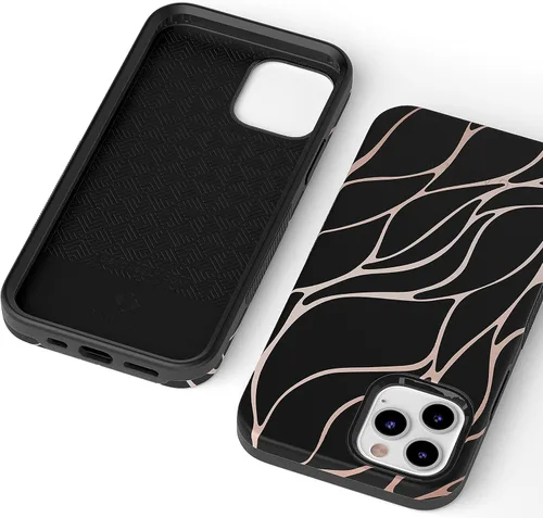 Vista 6 de Casely Funda para iPhone 12/12 Pro Funda de ondas metálicas negras y doradas con cobertura de 360 grados para tu teléfono, recortes precisos