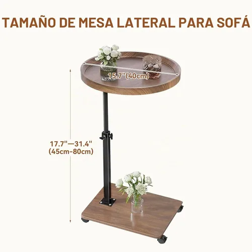 Vista 7 de Mesa auxiliar ajustable en forma de C, mesa auxiliar con ruedas para sofá, mesa giratoria de 360° para sala de estar, dormitorio, estudio y espacios