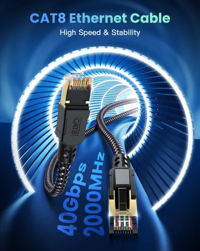 Vista 2 de BUSOHE Cable Ethernet Cat 8 de 1 pie, cable de red de internet trenzado de alta velocidad de 40 Gbps 2000 MHz con conector RJ45 chapado en oro
