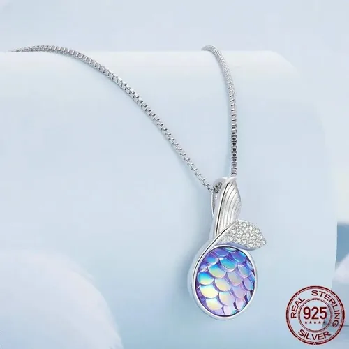 Vista 2 de 925 Sterling Silver Colorful Mermaid Fishtail Pendant Necklace And Opening Ring Jewelry Set for Women Birthday Jewelry, Blue Zirconia Mermaid Fish