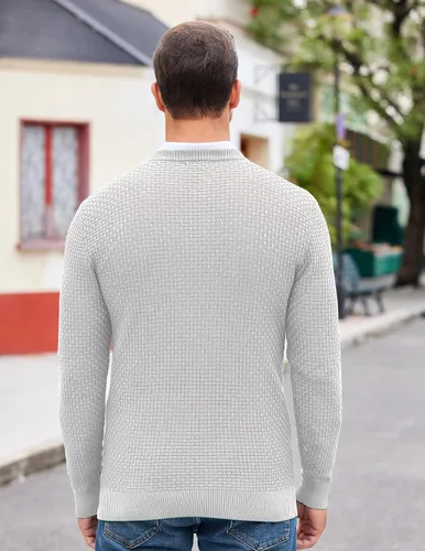 Vista 2 de COOFANDY Suéter de cuello redondo para hombre, suéter de punto de manga larga, casual, ajustado