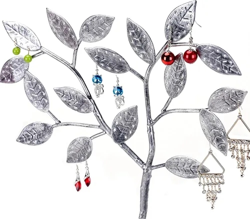 Vista 5 de MyGift Soporte de exhibición de aretes de árbol de joyería colgante de metal plateado, organizador de pulseras con bandeja para anillos