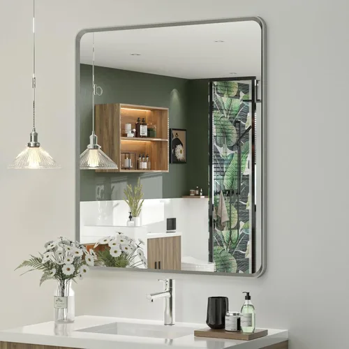 Vista 26 de OKPAL - Espejo de tocador de baño de 20x24 pulgadas con marco de metal cepillado en bronce, espejo de baño con marco de metal cepillado en bronce