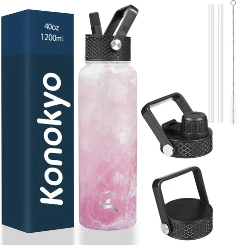 Vista 56 de Konokyo - Botella de agua aislada de 18 onzas, botellas deportivas de acero inoxidable con 3 tapas, verde militar