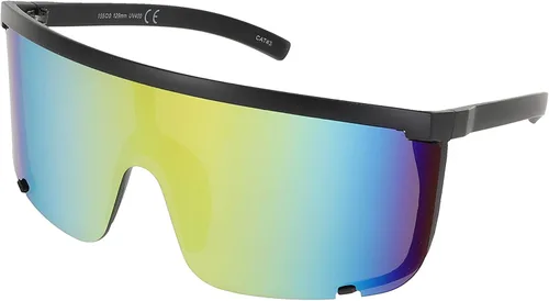 Vista 18 de Gafas de sol impecables unisex de gran tamaño con lentes espejadas, montura negra mate Espejo púrpura