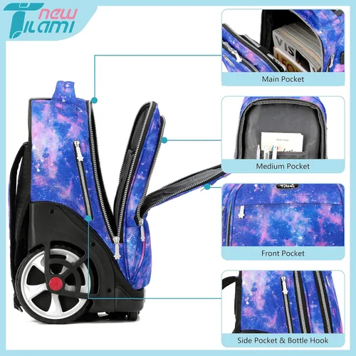 Vista 91 de NEW TILAMI Mochila con ruedas de 19 pulgadas con bolsa de almuerzo para niñas y niños, mochila para laptop con ruedas, bolsa de mano duradera
