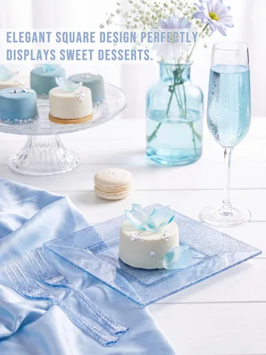 Vista 3 de DaYammi 100 platos de postre con purpurina azul, que incluyen 50 platos de aperitivo de 6 pulgadas y 50 tenedores de plástico de 5.7 pulgadas, plato