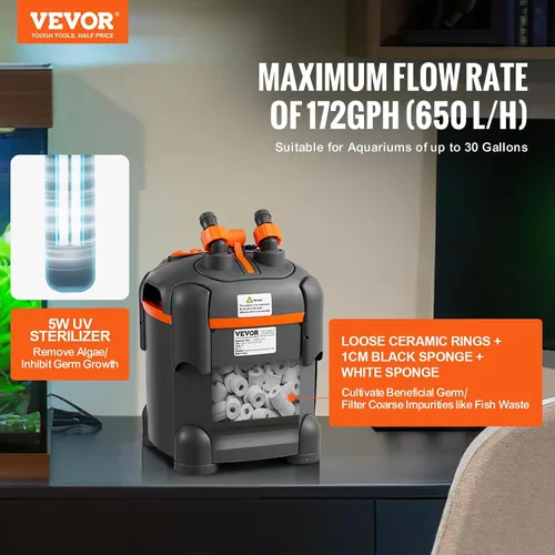 Vista 2 de VEVOR Filtro de Acuario 172GPH, Filtro de Cápsula 20-35 Galones, Filtro Interno de Acuario Ultra-Silencioso con Protección UV, Filtro de Potencia