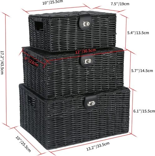 Vista 5 de Honygebia - Canastas de almacenamiento de mimbre negro - Juego de 3 cajas decorativas anidadas con tapas, canasta tejida con cerradura y asa