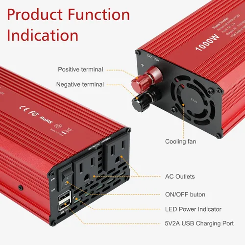 Vista 4 de Fancy Buying Inversor de corriente de 1000 W/2000 W (pico) para vehículos, convertidor de CC de 12 V a 110 V CA con dos salidas de CA y cargador