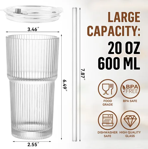 Vista 2 de Taza de vidrio CWHHRN de 20 oz con tapa y pajita, vaso de vidrio con pajita y tapa, vajilla vintage de vidrio para whisky, cóctel, cerveza, tazas