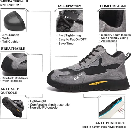 Vista 2 de AUVYI Botas de trabajo con punta de acero para hombres – Zapatos de seguridad cómodos y duraderos a prueba de chispas, botas de construcción