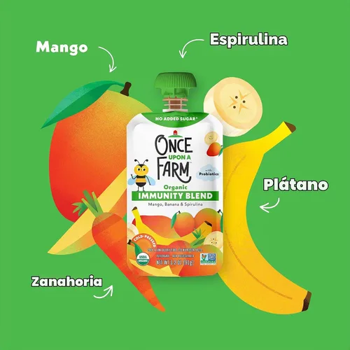 Vista 4 de Once Upon a Farm Mezcla de inmunidad de espirulina de plátano y mango orgánico, bolsa de 3.2 onzas