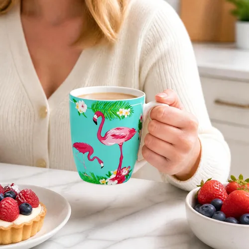 Vista 7 de Taza de porcelana de hueso flamenco de 12.5 oz con plantas tropicales Porcelana de hueso ligera, ideal para los amantes del flamenco, taza de café