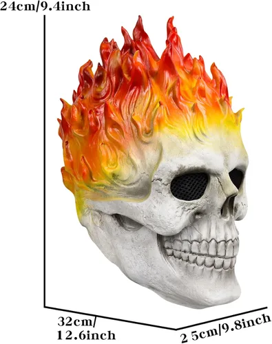 Vista 3 de Máscara de jinete fantasma, máscara de calavera de llama demonio, máscara de esqueleto de cara completa, casco de terror para Halloween