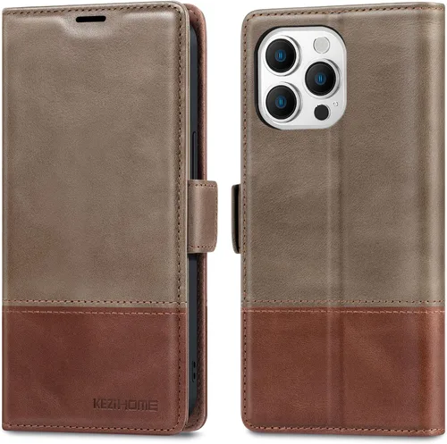 Vista 15 de KEZiHOME Funda para iPhone 15, de piel auténtica, bloqueo RFID, carcasa interior de TPU, cierre magnético, ranura para tarjetas, a prueba de golpes