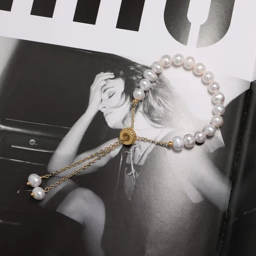 Vista 6 de Cowlyn Bossimi - Pulsera de perlas, eslabones de cultura barroca, chapado en oro de 14 quilates, ajustable, a la moda, dije de San Valentín, joyería