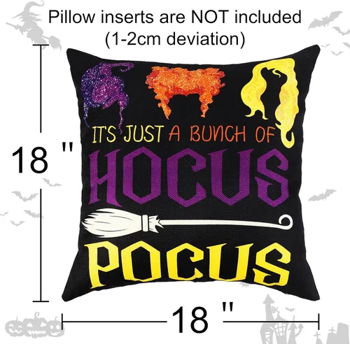 Vista 3 de 4 fundas de almohada de Halloween de Hocus Pocus, 18 x 18: Sanderson Sisters para decoración del hogar, fundas de cojín decorativas para sofá