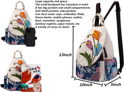 Vista 136 de HUANGGUOSHU Mochila de algodón tejida de algodón bohemio con bordado de lona estilo bohemio con múltiples bolsillos retro linda mochila cartera