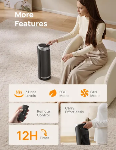 Vista 8 de DREO Calentador de espacio, calentadores de cerámica PTC de 1500 W para uso en interiores con control remoto, oscilación de 70°, temporizador de 1 a