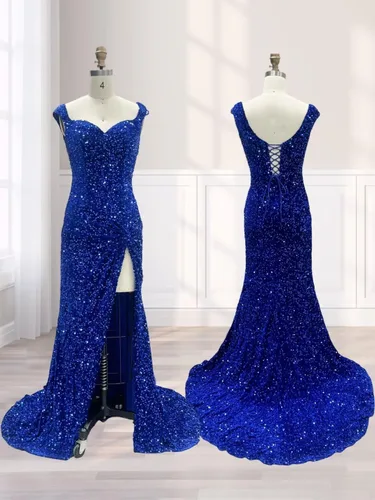 Vista 4 de Brillantes vestidos de fiesta con hendidura vestido largo de lentejuelas sirena con plisado hombro frío vestido de bola para mujer RO032