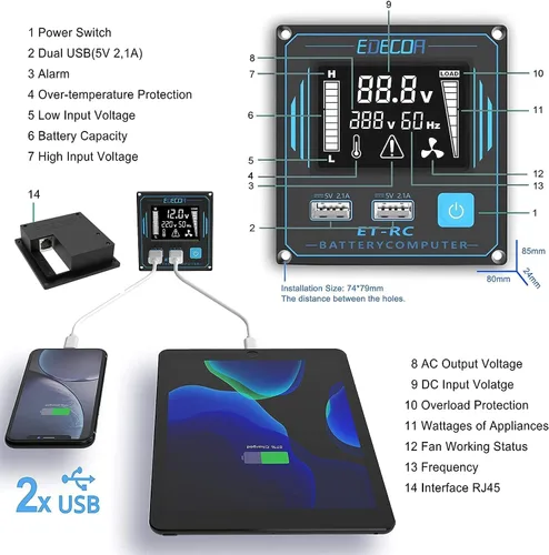 Vista 4 de EDECOA - Inversor de corriente de onda sinusoidal pura de 3500 W, 12 V CC a 120 V CA ETRC Remote Controller with LCD Display and Dual USB, 4 AC