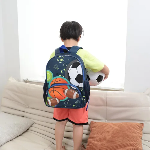 Vista 2 de BTOOP Mochila escolar para niños, mochila escolar para preescolar y jardín de infantes con unicornio con clip para el pecho, Sportball-azul marino