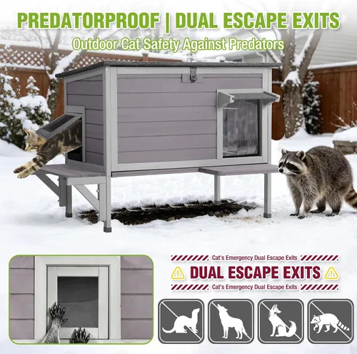 Vista 7 de GUTINNEEN Casa grande para gatos con calefacción para exteriores con forro aislante, refugio para gatos resistente a la intemperie con almohadilla