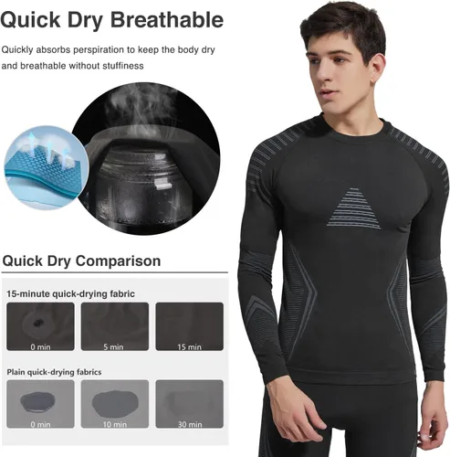 Vista 3 de UNIQUEBELLA Conjunto de ropa interior térmica para hombre, parte superior de tortuga, pantalones largos, forro polar, secado rápido, capa base