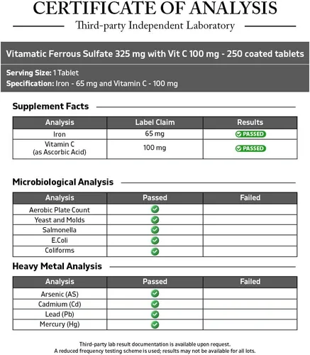 Vista 3 de Vitamatic Sulfato ferroso 325 mg con vitamina C 100 mg (65 mg de hierro elemental) – Suplemento de hierro de alta potencia – Sin