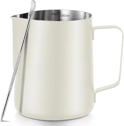 Vista 9 de Jarra de leche espumosa, jarra de leche espumosa de acero inoxidable de 12 onzas / 11.8 fl oz con bolígrafo Latte Art, con medidas internas