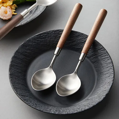 Vista 5 de Ouliget Cuchara de mango de madera retro, cucharadas de servir de acero inoxidable, cuchara de madera, cubiertos plateados con mango marrón, 4