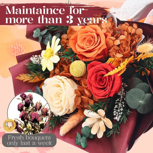 Vista 4 de Flores preservadas para entrega, ramo de flores naranjas frescas con caja de regalo, regalos de rosas eternas para mujeres, mamá, esposa en Navidad
