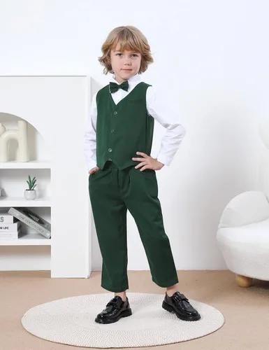 Vista 9 de A&J DESIGN Conjunto de traje de caballero para niños pequeños, 3 piezas, camisas, chaleco y pantalones