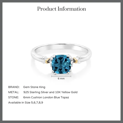 Vista 5 de Gem Stone King Anillo de compromiso de plata de ley 925 y oro amarillo de 10 quilates de 0.236 in con piedra preciosa de corte cojín Anillo