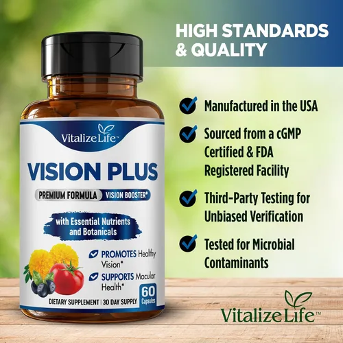 Vista 5 de Vision Plus Suplementos completos para los ojos para adultos – Vitaminas oculares para personas mayores con luteína, arándano y zeaxantina