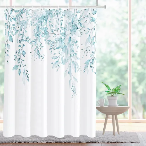 Vista 99 de Tititex - Juego de cortinas de ducha de eucalipto negro, hojas de acuarela gris en la parte superior, con decoración floral de baño, 60 x 72