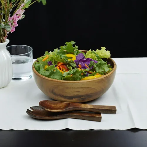 Vista 7 de Juego de ensaladera de madera de acacia – 9” Cuenco redondo artesanal con 2 servidores de madera, vajilla rústica y duradera para ensaladas, frutas