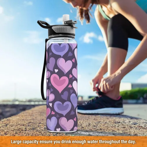 Vista 6 de Burbuja Purple Heart - Botella de agua de 32 onzas con tapa con popote, a prueba de fugas y sin BPA, botella de Tritan para gimnasio, fitness
